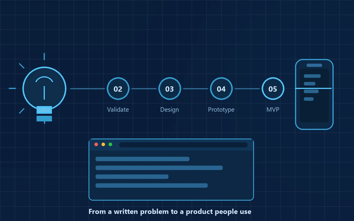 Idea to product development process from idea and validation to prototype, MVP and launched product