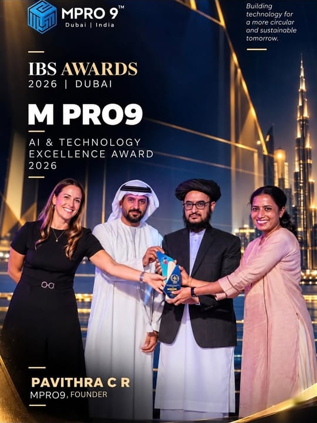 Mrs. Pavithra C R, Founder of M Pro9 Private Limited, receiving the AI & Technology Excellence Award 2026 for MPRO 9 at the IBS Awards 2026 in Dubai