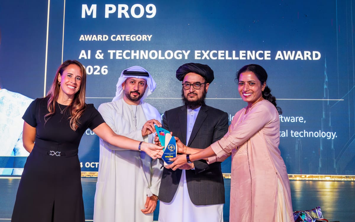 Mrs. Pavithra C R, Founder of M Pro9 Private Limited, receiving the AI & Technology Excellence Award 2026 for MPRO 9 at the IBS Awards 2026 in Dubai