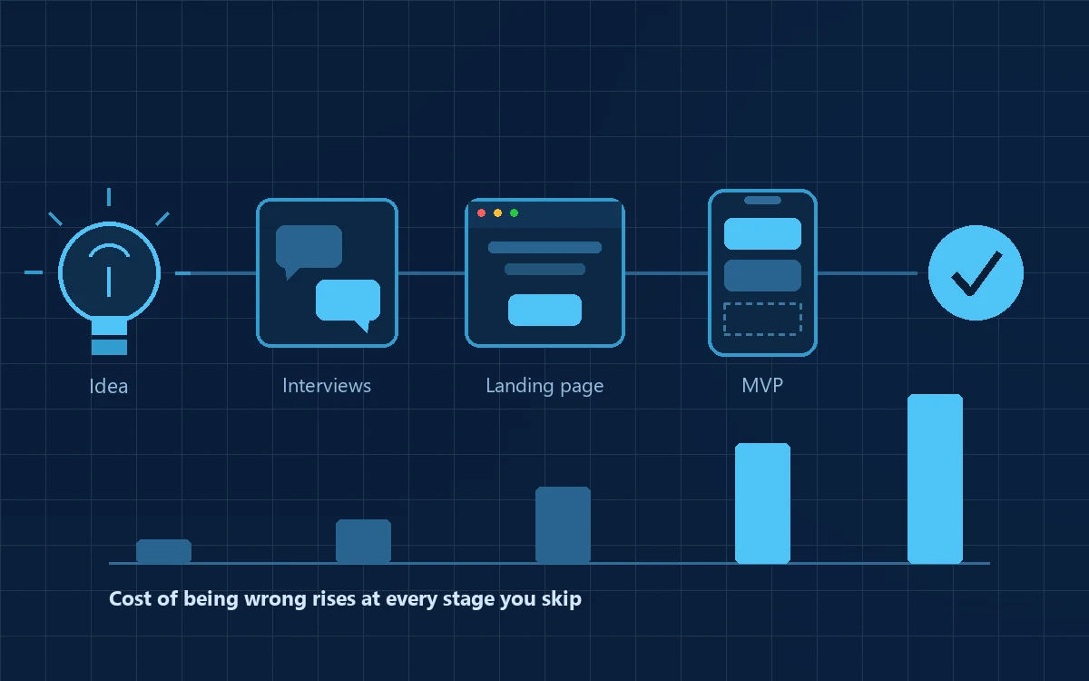 Product idea validation process showing an idea tested through customer interviews, a landing page and an MVP before full development