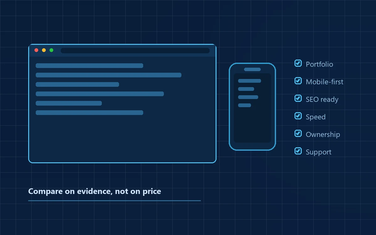 Business website shown on desktop and mobile beside a checklist of website development requirements