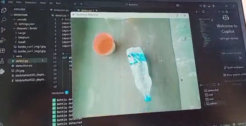 MPRO 9 bottle-detection model running against its labelled Bottle dataset, logging each detection