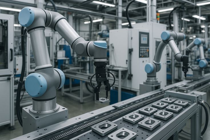 Industrial robotic arms with grippers working over a conveyor line